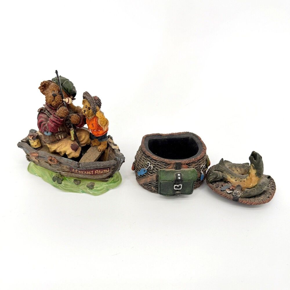 Boyds Bears Bearstones Figurine SS Bearly Floatin & Fishing Creel Box SET